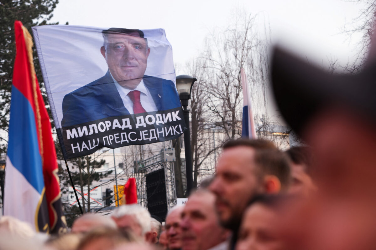 President of Republika Srpska (Serb Republic) Milorad Dodik addresses supporters during a protest in Banja Luka