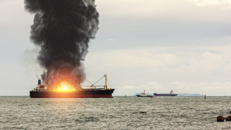 Large general cargo ship for logistic import export goods and other the explosion and had a lot of fire and smoke at sea