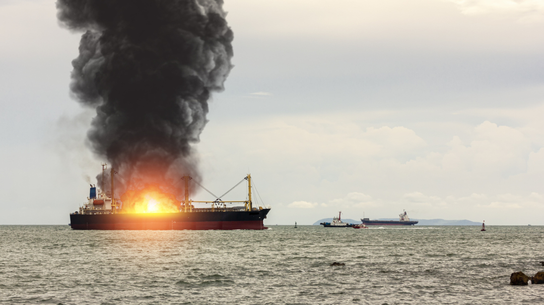 Large general cargo ship for logistic import export goods and other the explosion and had a lot of fire and smoke at sea